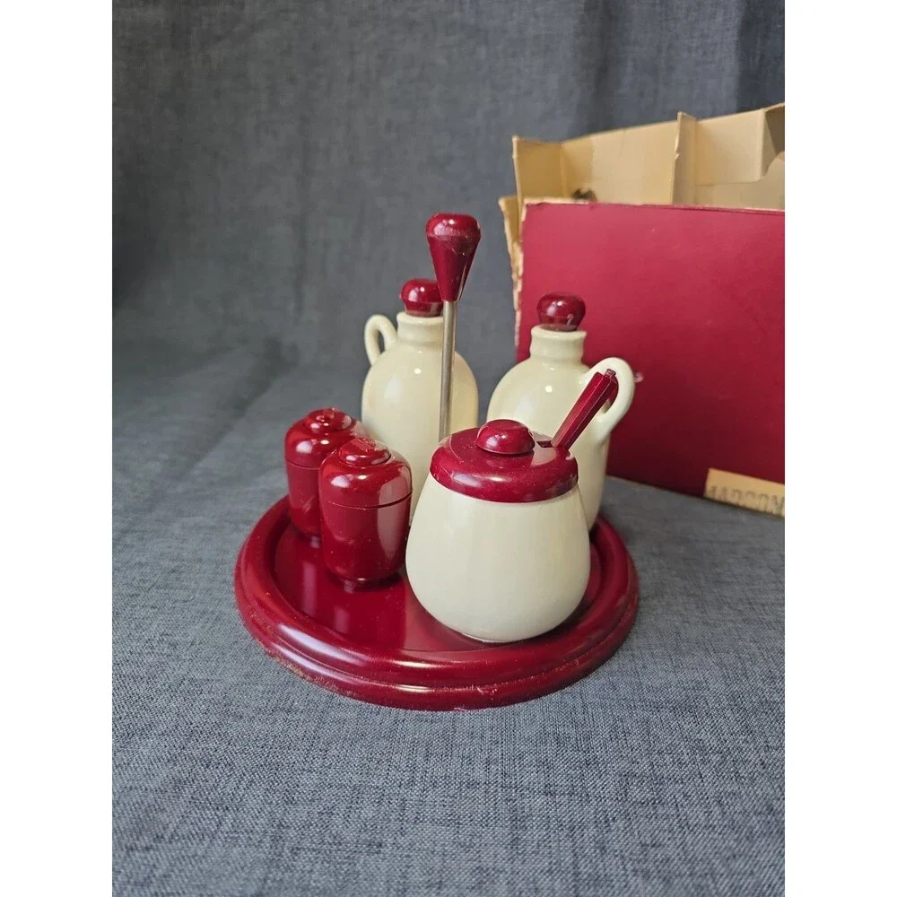 Vintage Carvanite Mid Century Classic Maroon Ceramic & Plastic Condiment Set